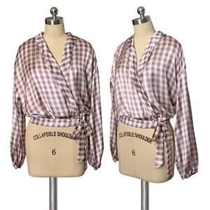 Boutique Label ENDLESS Blue Purple GINGHAM Satin Print Wrap Top Shirt Blouse L